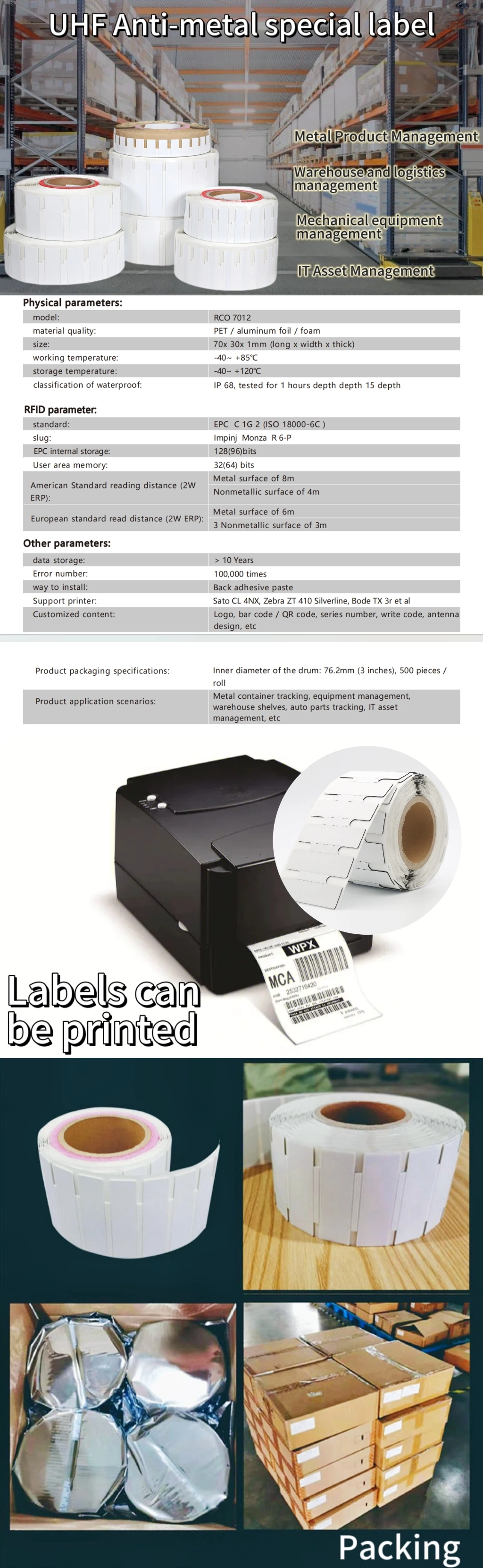 Flexible UHF On Metal Label Long Range Anti Metal RFID Tag On Metal With U9 Chip